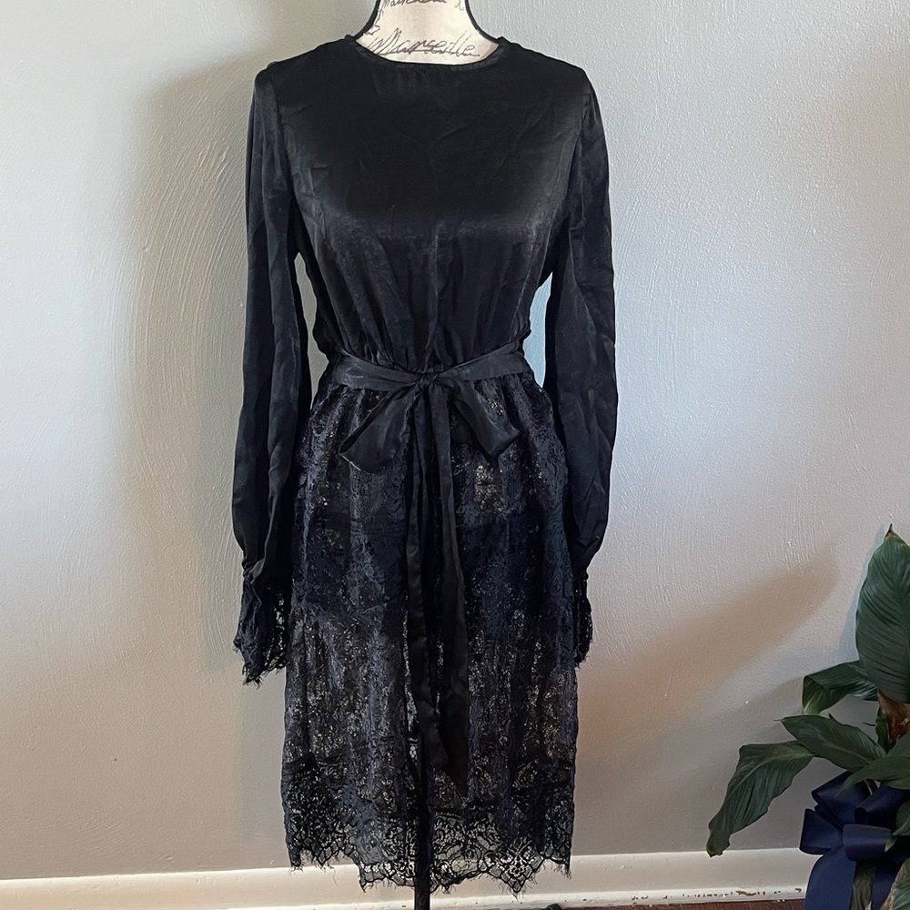 SHEIN Black Lace Long Sleeve Midi Dress S – Gothic Chic, Witchy Halloween Party